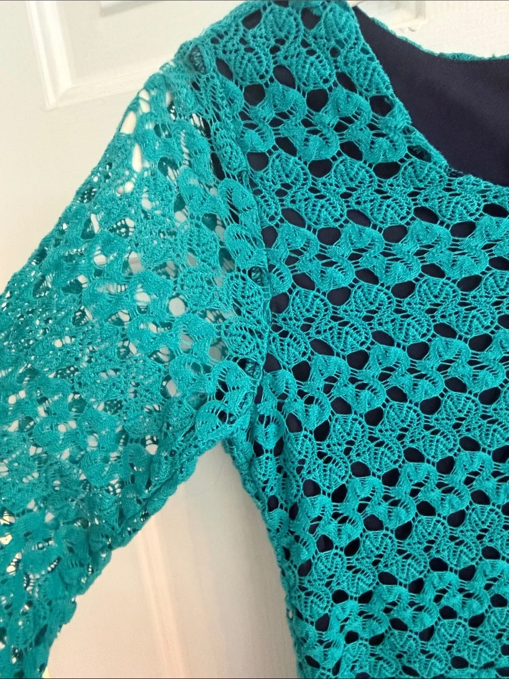 Speechless Teal Crochet Lace Fit & Flare Dress with Three-Quarter Sleeves